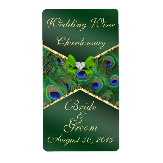 Emerald Green Peacock Wedding Wine Label (Vorne)