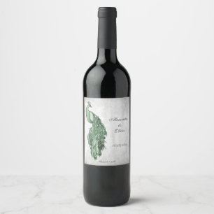 Emerald Green Peacock Wedding Wine Label Weinetikett