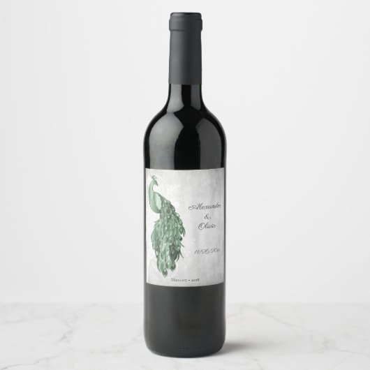 Emerald Green Peacock Wedding Wine Label Weinetikett (Vorderseite)