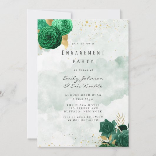Emerald Green Peony and Gold Engagement Party Einladung (Vorderseite)