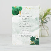 Emerald Green Peony and Gold Engagement Party Einladung (Stehend Vorderseite)