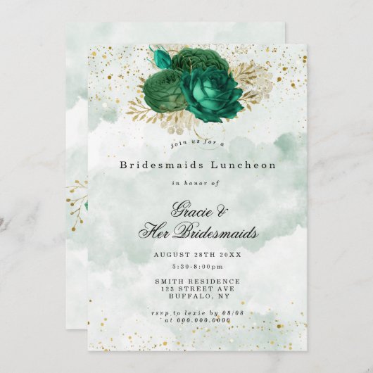 Emerald Green Peony Bridesmaids Luncheon Einladung (Vorne/Hinten)