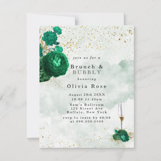 Emerald Green Peony Gold Brunch & Bubbly Einladung (Vorderseite)