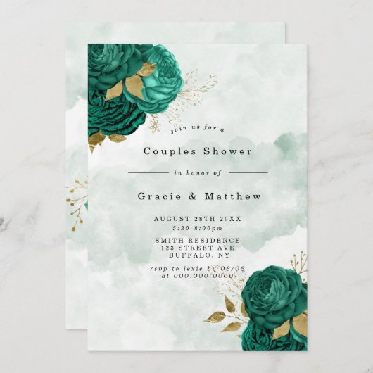 Emerald Green Peony Gold Couples Showeinladungen (Vorne/Hinten)