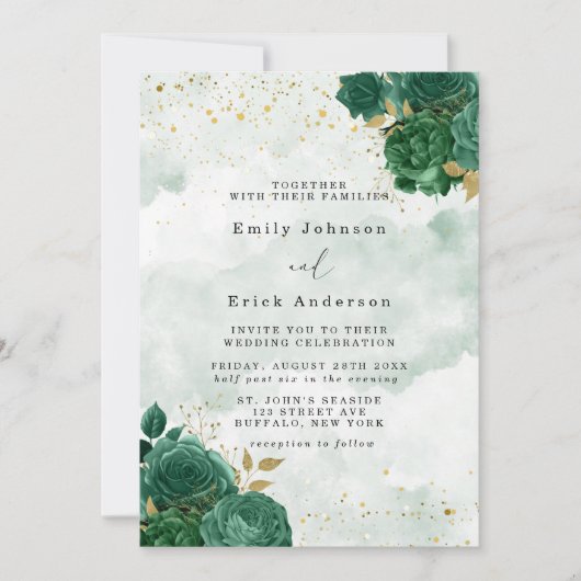 Emerald Green Peony Gold Glitzer Wedding Einladung (Vorderseite)