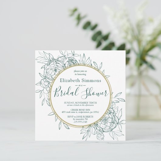 Emerald Green Peony Modern Toile Brautparty Einladung (Stehend Vorderseite)