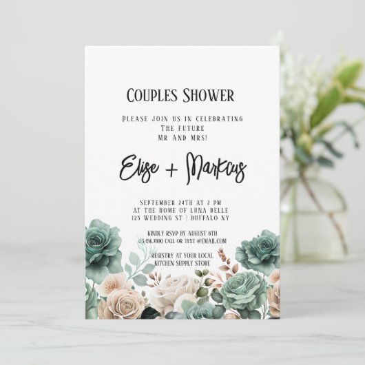 Emerald Green Peony Wedding Couples Dusche Einladung (Stehend Vorderseite)
