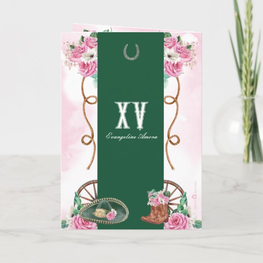 Emerald Green Pink Charro Western Foto Quinceaños Einladung (Rückseite)