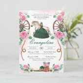Emerald Green & Pink Floral Charro Quinceanera Einladung (Stehend Vorderseite)