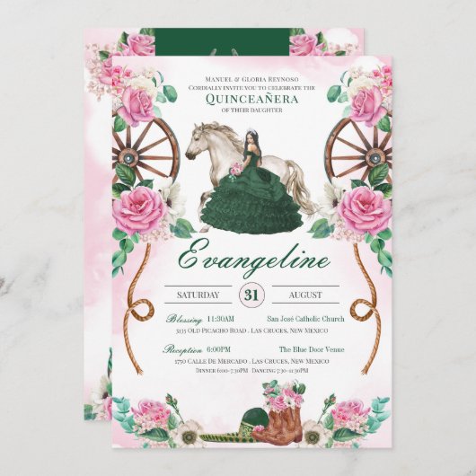 Emerald Green & Pink Floral Charro Quinceanera Einladung (Vorne/Hinten)