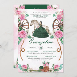 Emerald Green & Pink Floral Charro Quinceanera Einladung