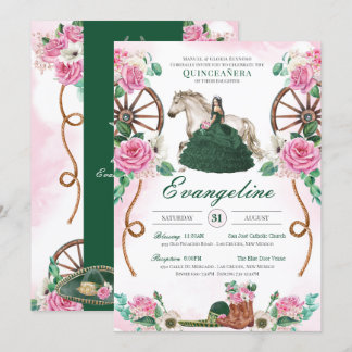 Emerald Green & Pink Floral Charro Quinceanera Einladung