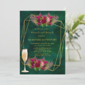 Emerald Green Pink Peony Rose Brunch und Bubbly Einladung (Stehend Vorderseite)