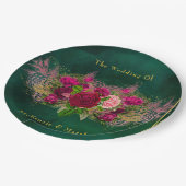 Emerald Green Pink Peony Rose Hochzeit Pappteller (Schrägansicht)