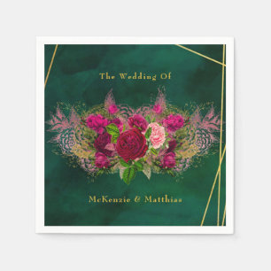 Emerald Green Pink Peony Rose Hochzeit Serviette