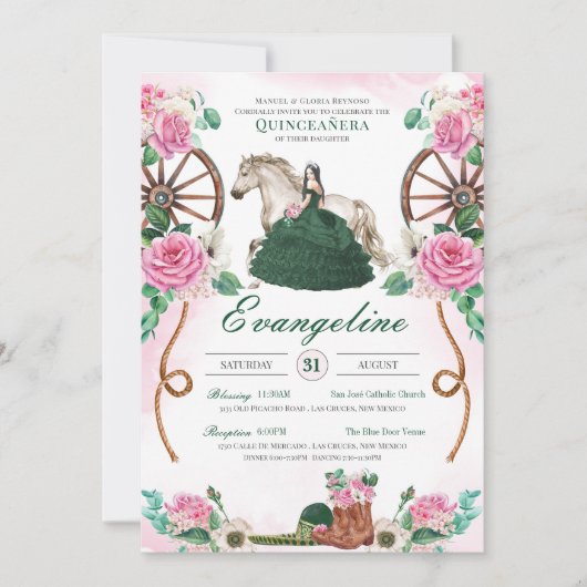 Emerald Green Pink Rose Charro Western Quinceanera Einladung (Vorderseite)