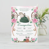 Emerald Green Pink Rose Charro Western Quinceanera Einladung (Stehend Vorderseite)