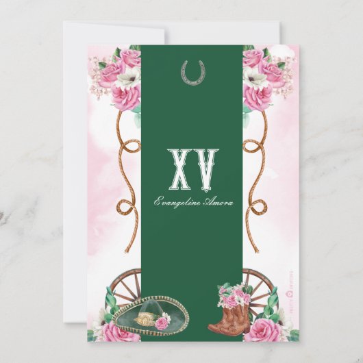 Emerald Green Pink Rose Charro Western Quinceanera Einladung (Rückseite)