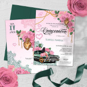 Emerald Green Pink Rose Lowrider Chola Quinceanera Einladung