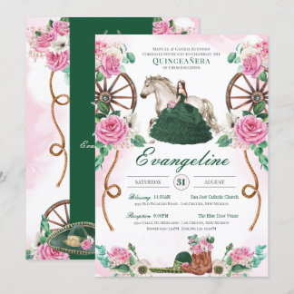 Emerald Green Pink Rose Rustic Charro Quinceañera Einladung
