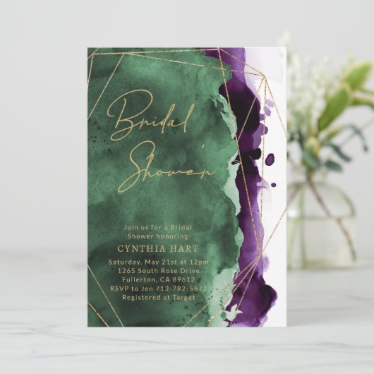 Emerald Green & Plum Lila Brautparty laden ein Einladung (Stehend Vorderseite)