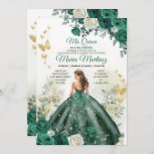 Emerald Green Princess Floral Mexican Mis Quince Einladung (Vorne/Hinten)