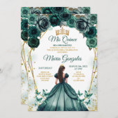 Emerald Green Princess Quinceañera Crown Floral Einladung (Vorne/Hinten)