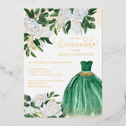 Emerald Green Princess Quinceanera Gold Folieneinladung (Vorderseite)