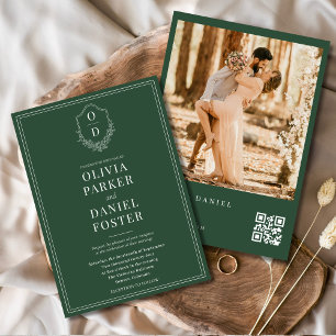 Emerald Green QR Code Elegantes Wappen Foto Hochze Einladung