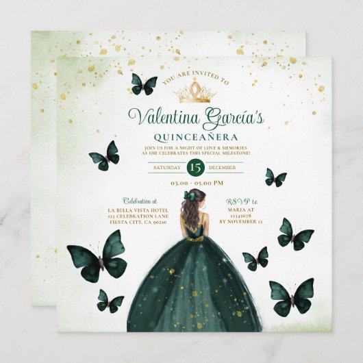Emerald Green Quinceañera 15 Anos Blume Gold Einladung (Vorne/Hinten)