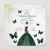 Emerald Green Quinceañera 15 Anos Blume Silver Einladung (Vorne/Hinten)