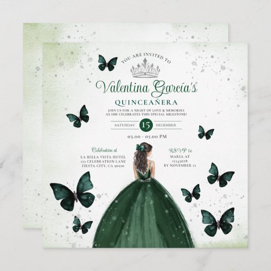 Emerald Green Quinceañera 15 Anos Blume Silver Einladung (Vorne/Hinten)