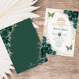 Emerald Green Quinceañera Butterflies Geometric Einladung