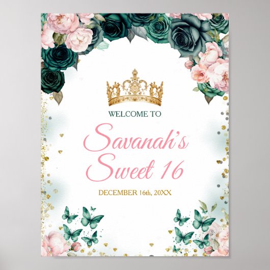 Emerald Green Quinceañera Crown Pink Begrüßungszei Poster (Vorne)
