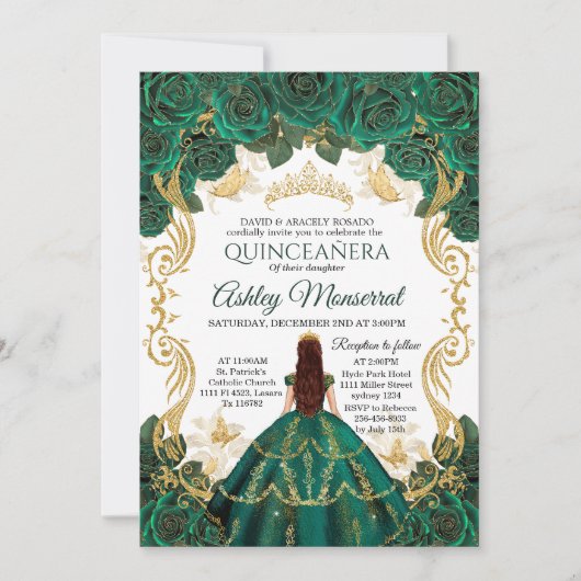 Emerald Green Quinceañera Einladung | Goldkrone (Vorderseite)