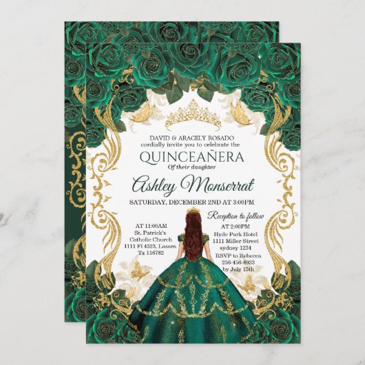 Emerald Green Quinceañera Einladung | Goldkrone (Vorne/Hinten)