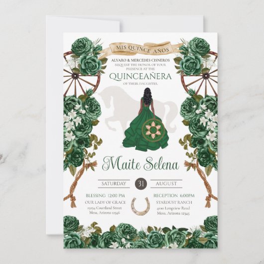 Emerald Green Quinceanera Elegante Rose Charro Einladung (Vorderseite)