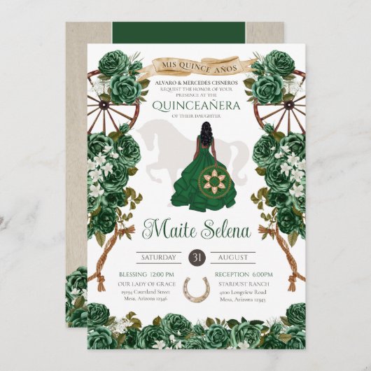 Emerald Green Quinceanera Elegante Rose Charro Einladung (Vorne/Hinten)