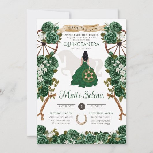 Emerald Green Quinceanera Elegante Rose Charro Einladung (Vorderseite)