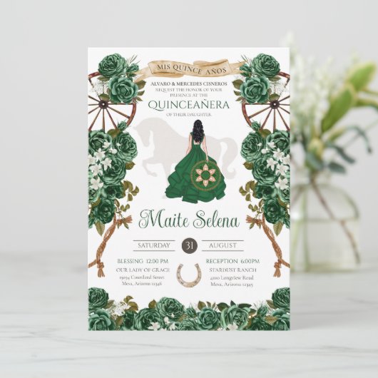 Emerald Green Quinceanera Elegante Rose Charro Einladung (Stehend Vorderseite)