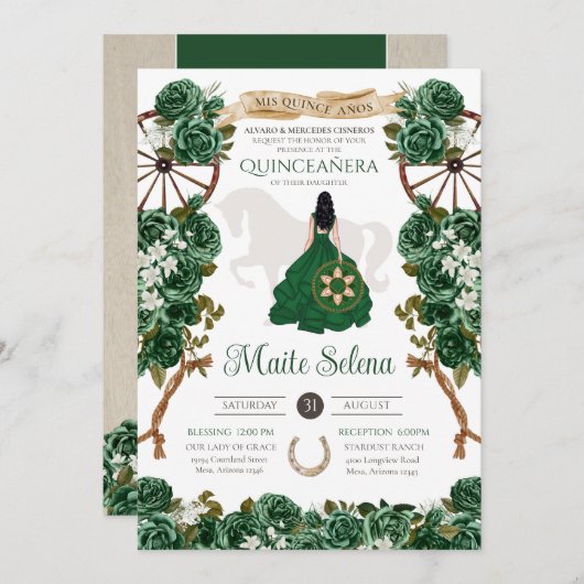 Emerald Green Quinceanera Elegante Rose Charro Einladung (Vorne/Hinten)