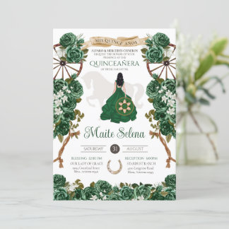Emerald Green Quinceanera Elegante Rose Charro Einladung