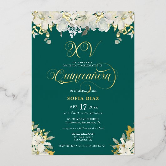 Emerald Green Quinceañera Floral Gold Folieneinladung (Vorderseite)