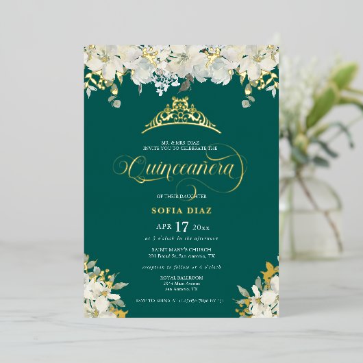 Emerald Green Quinceañera Floral Gold Folieneinladung (Stehend vorne)