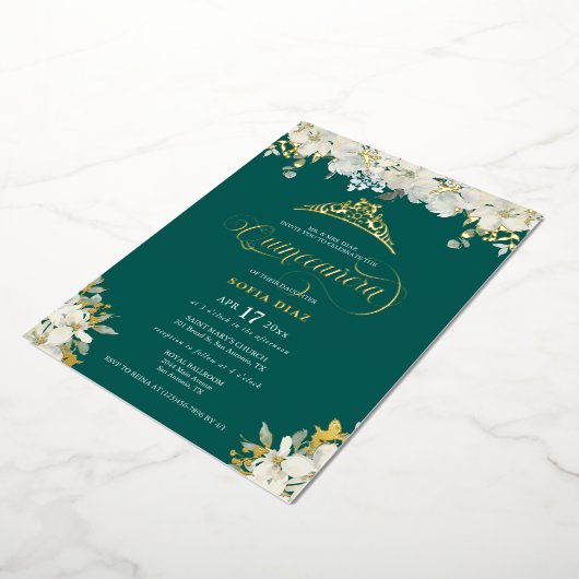 Emerald Green Quinceañera Floral Gold Folieneinladung (Gedreht)