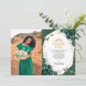 Emerald Green Quinceanera Foto Danke Karte (Stehend Vorderseite)