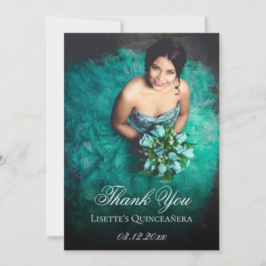 Emerald Green Quinceanera Foto Personalisiert hinz Dankeskarte (Vorderseite)