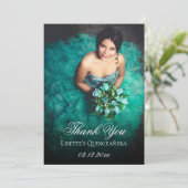 Emerald Green Quinceanera Foto Personalisiert hinz Dankeskarte (Stehend Vorderseite)