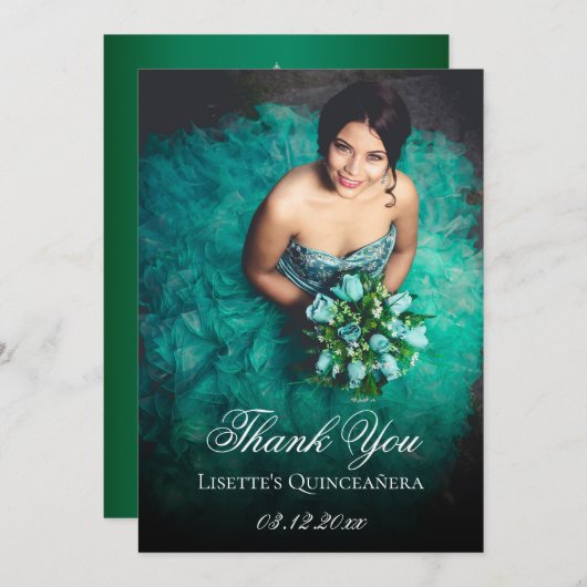 Emerald Green Quinceanera Foto Personalisiert hinz Dankeskarte (Vorne/Hinten)