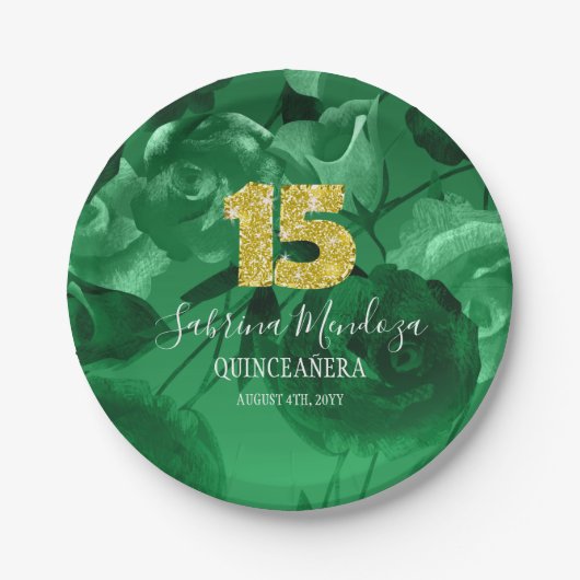 Emerald Green Quinceanera Gold #15 Paper Tellers Pappteller (Vorderseite)